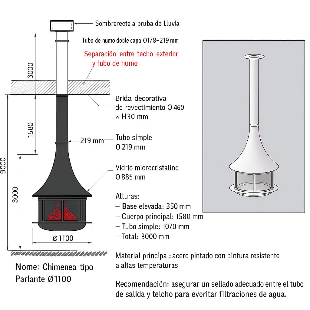 Chimenea - Estufa colgante a leña - Modelo trompeta 1000 mm