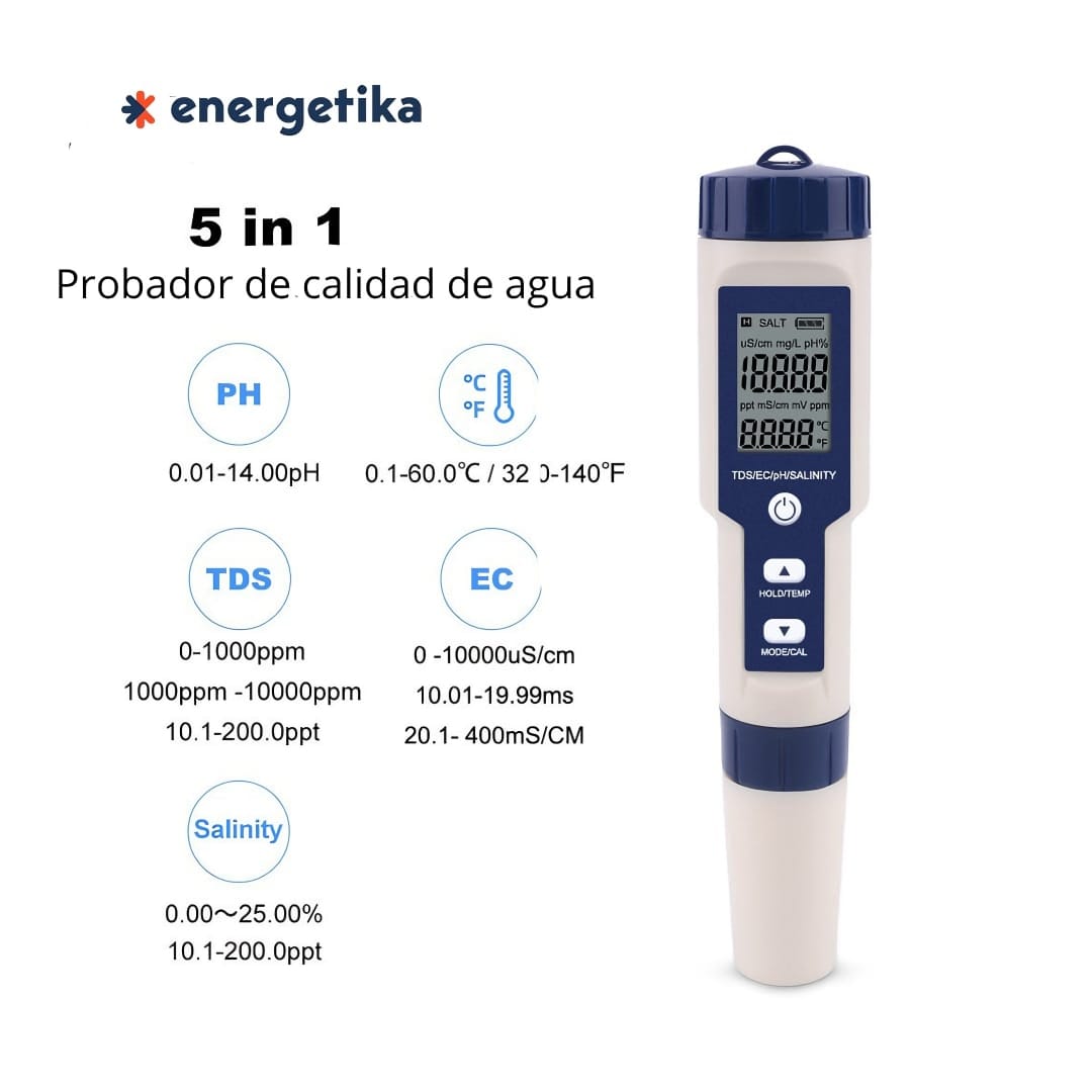 Medidor de pH digital 5 en 1 (pH, Salinidad, TDS, EC, Temperatura)