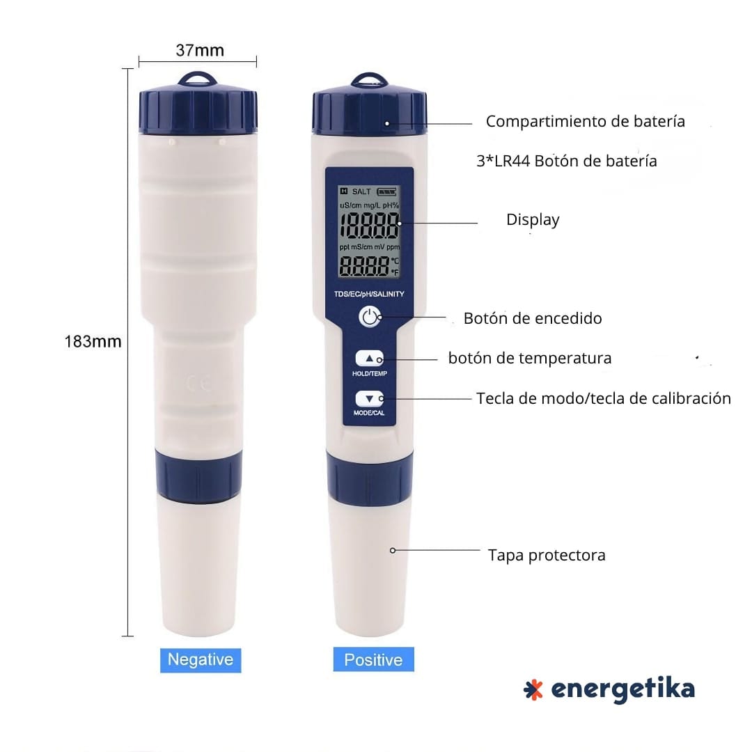 Medidor de pH digital 5 en 1 (pH, Salinidad, TDS, EC, Temperatura)