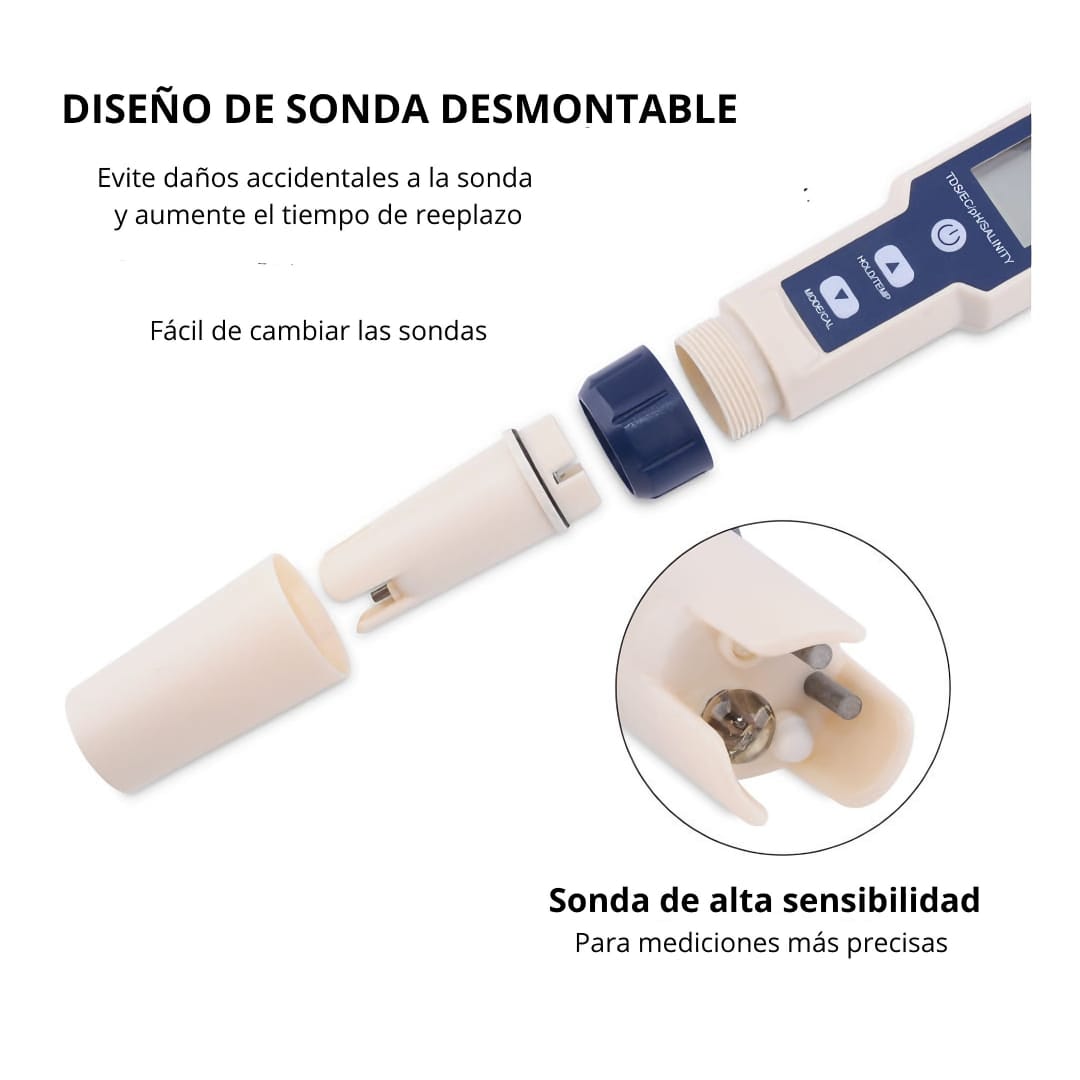 Medidor de pH digital 5 en 1 (pH, Salinidad, TDS, EC, Temperatura)