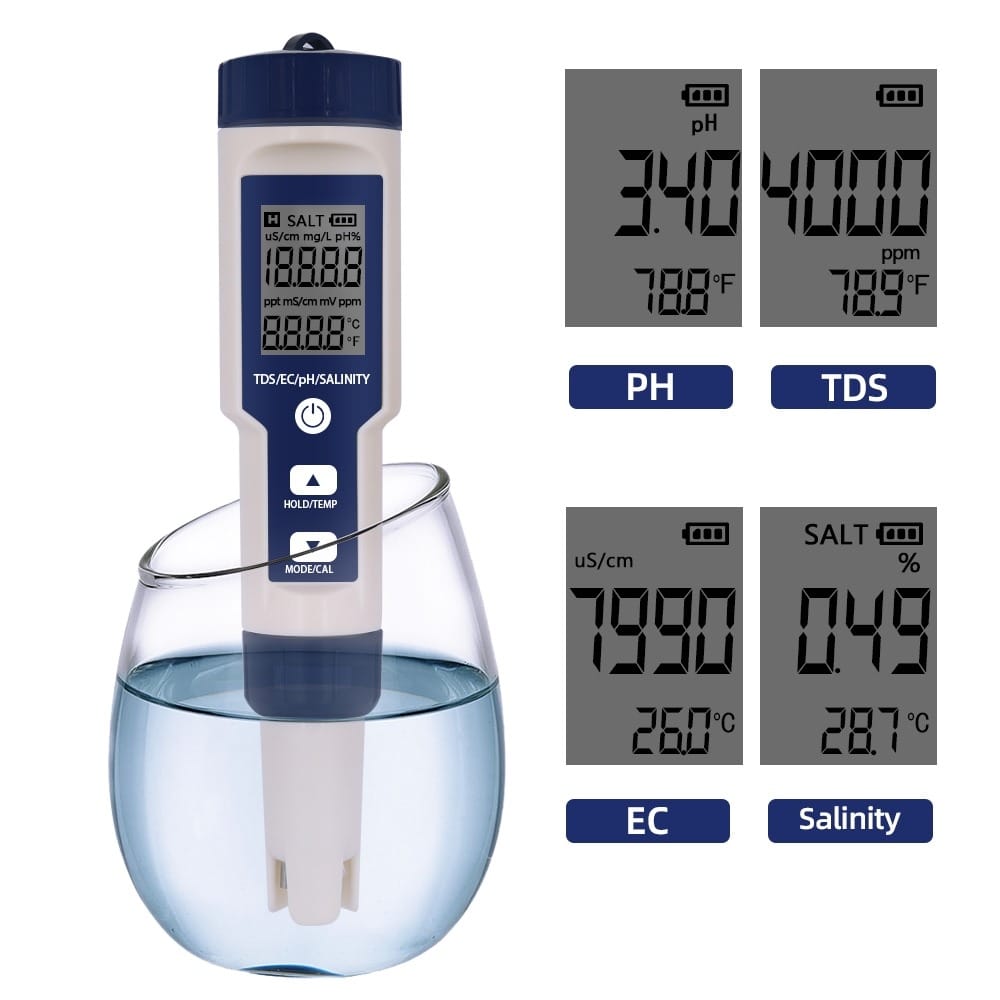 Medidor de pH digital 5 en 1 (pH, Salinidad, TDS, EC, Temperatura)