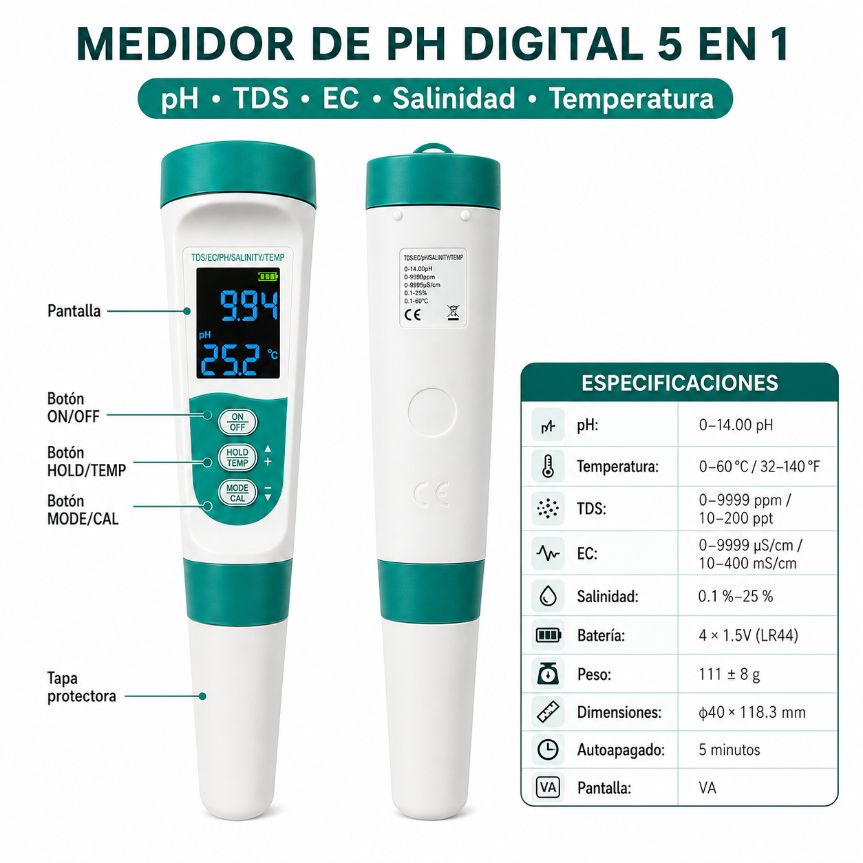 Medidor de pH digital 5 en 1 (pH, Salinidad, TDS, EC, Temperatura)