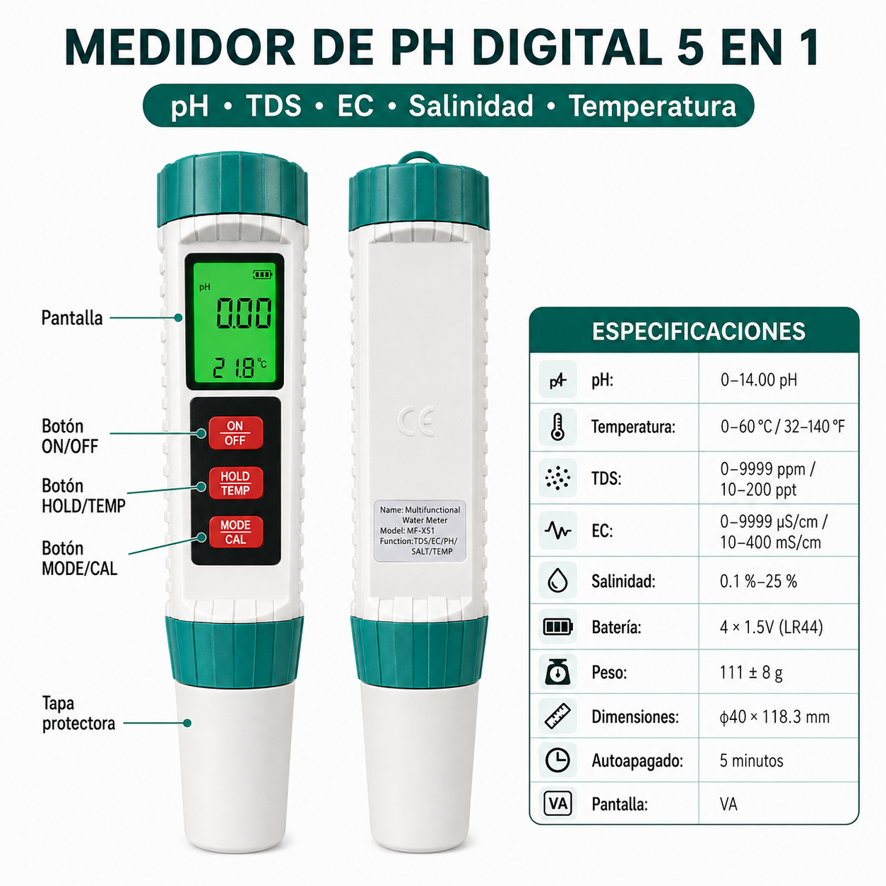 Medidor de pH digital 5 en 1 (pH, Salinidad, TDS, EC, Temperatura)