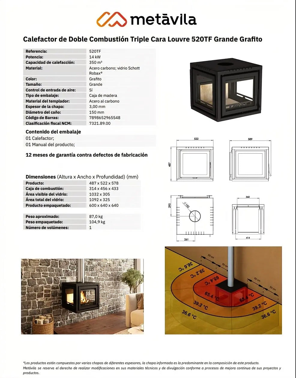 Estufa a Leña Louvre 520 TFEXP (con base o sin base)