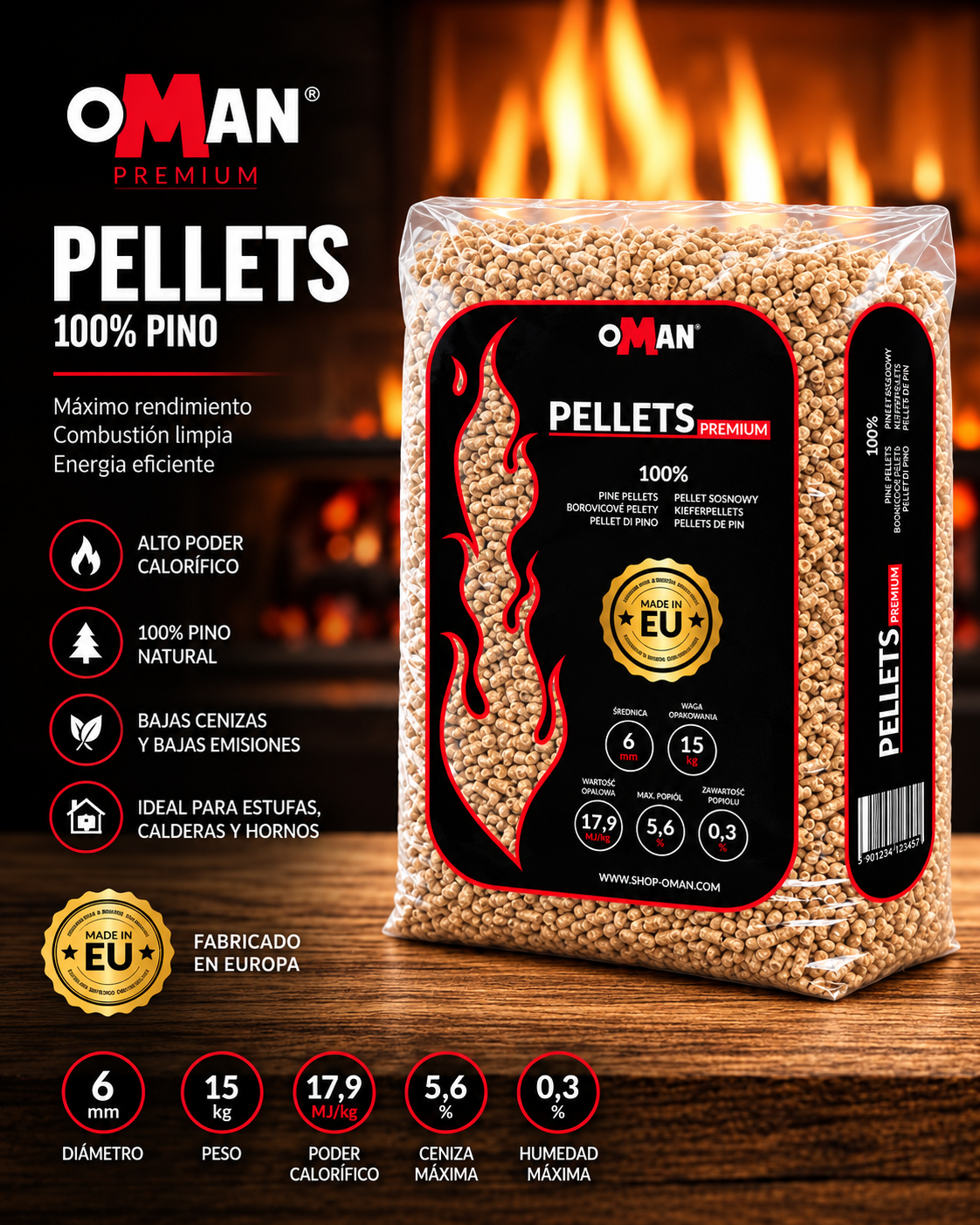 Pellets Premium 100% Pino – Bolsa de 15 kg